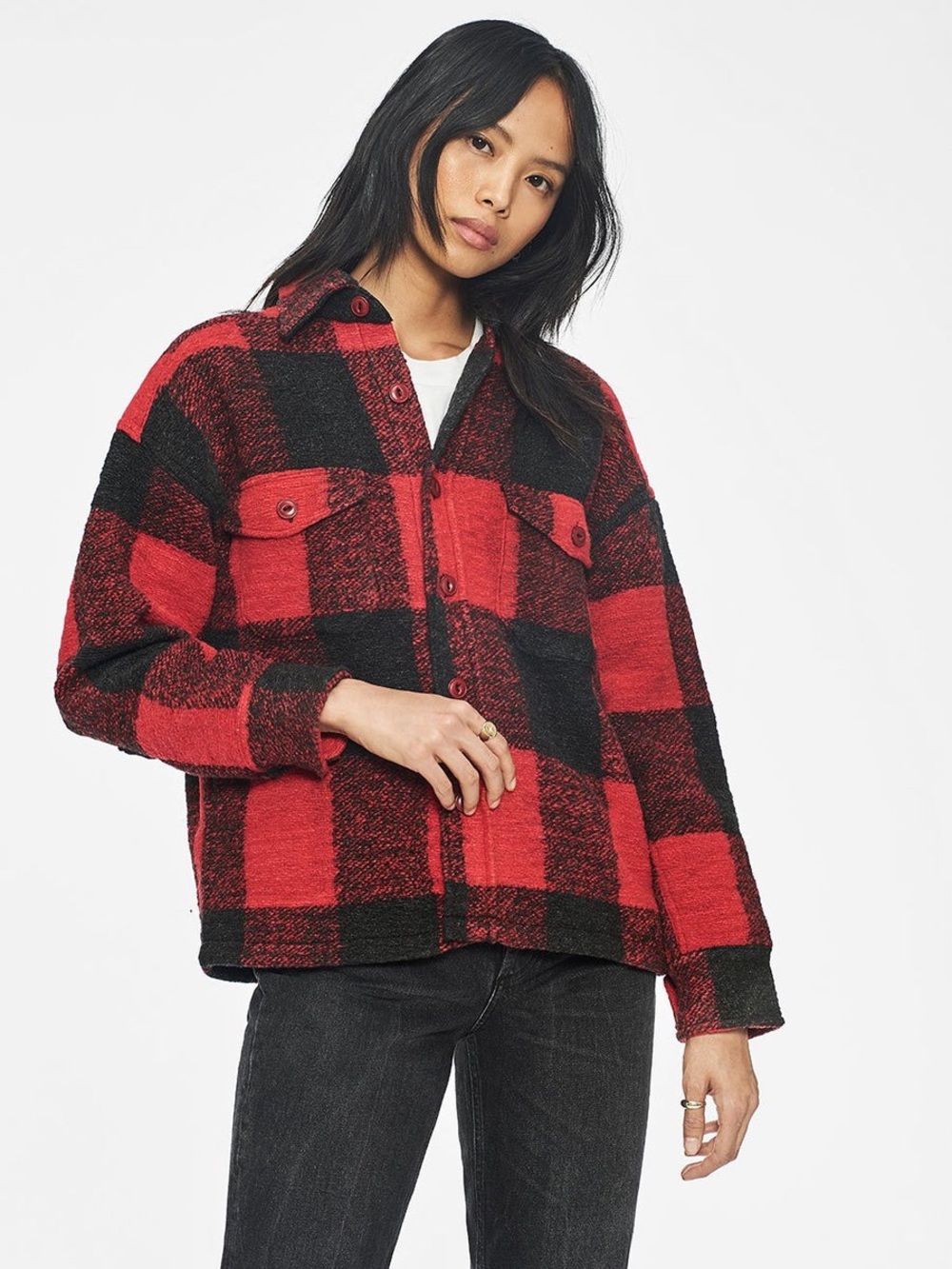 Anine Bing Bobbi Flannel Shirt Jacket Red Wool Plaid Buffalo Check